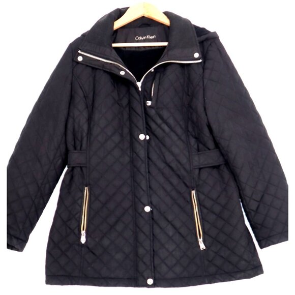 Calvin Klein Quilted Jacket Black Zip S Long Puffer Minimalist Old Money Aesthet - Picture 1 of 11